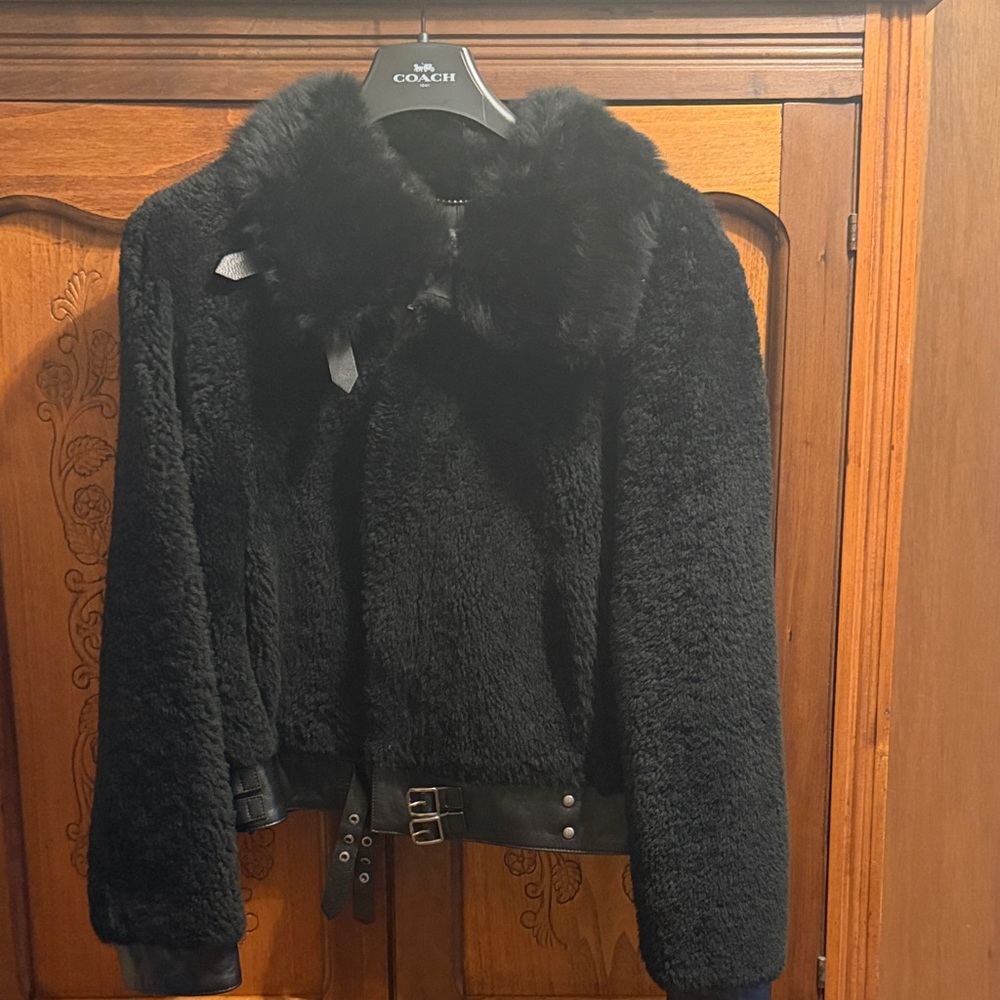 Coach Black Shearling Lamb Jacket with Leather Trim - Picture 2 of 5